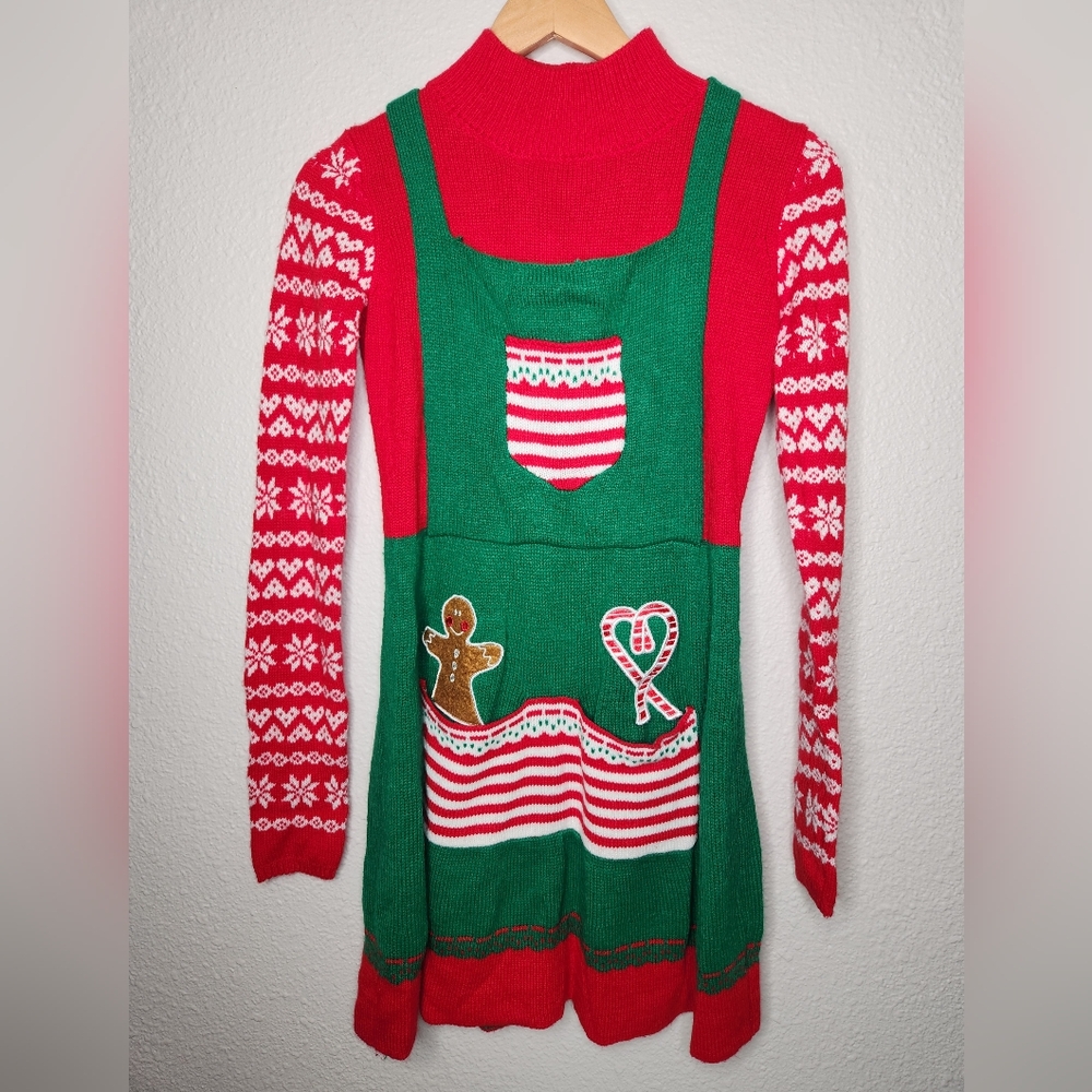 Xhilaration Holiday Knit Sweater Dress With Mock Apron Long Sleeves Size Small